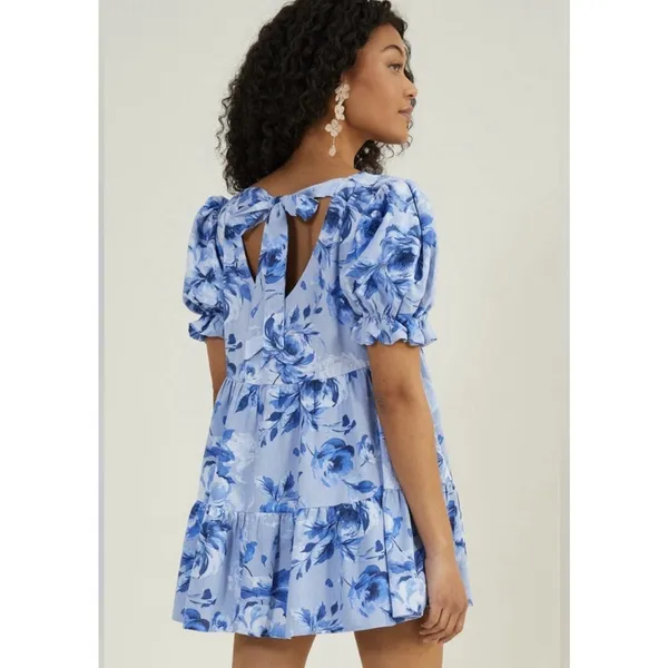 Altar'd State Women's size Large Blue Floral Linen Blend Fit Flare Dress V Neck - Image 3