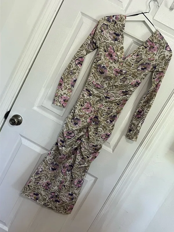 H&M Floral Ruched Midi Dress Bodycon Long Sleeve V Neck Boho Romantic Size XS - Image 5