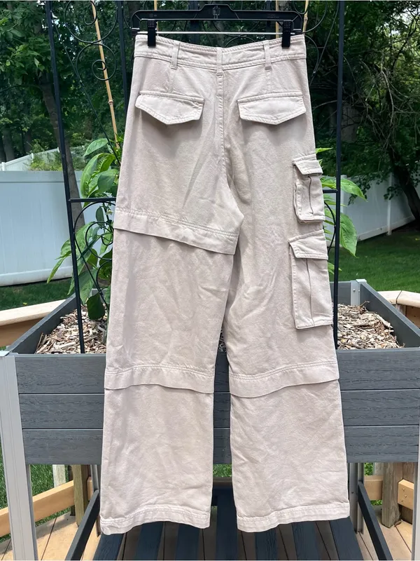 Zara Women’s Beige Denim High Rise Wide Leg Cargo Pants Sz XS Utility Gorpcore - Image 5