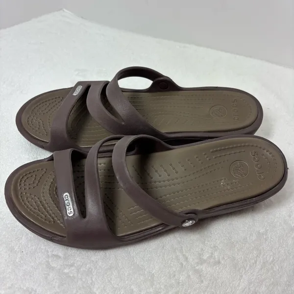 Crocs Brown Criss Cross Rubber Slide On Wedge‎ Sandals Size 9 Women's - Image 3