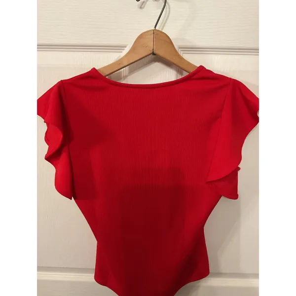 TCEC Women's Red Flutter Sleeve Bodysuit V Neck Romantic Feminine Top, M - Image 7