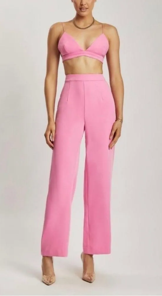 Saskia High Rise Wide Leg Satin Trouser Pants light pink S - Image 8