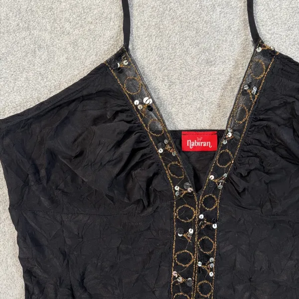 Nabiran Y2k Women's Small Black Halter Top Sequined Beaded Crinkle Tank Blouse - Image 3