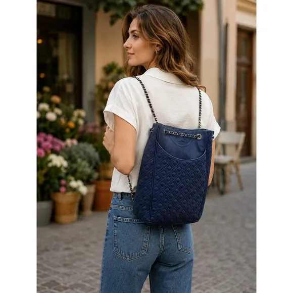 Tory Burch Fleming Denim Quilted Convertible Backpack Shoulder Bag Large - Image 16