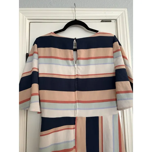 Luxology Striped Faux Wrap Midi Dress Womens Large Navy Peach Flutter Sleeve EPC - Image 4