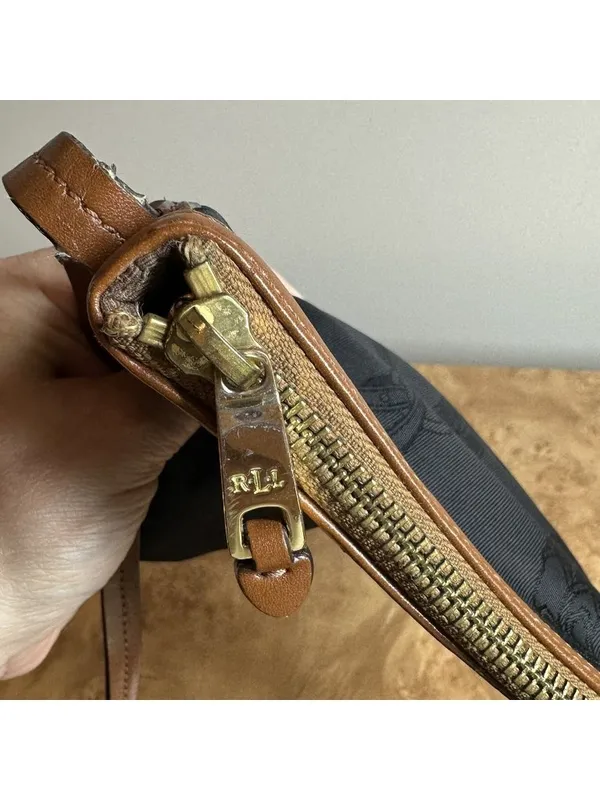 Ralph Lauren RLL Black Equestrian Jacquard Crossbody Bag Brown Leather Trim - Image 5
