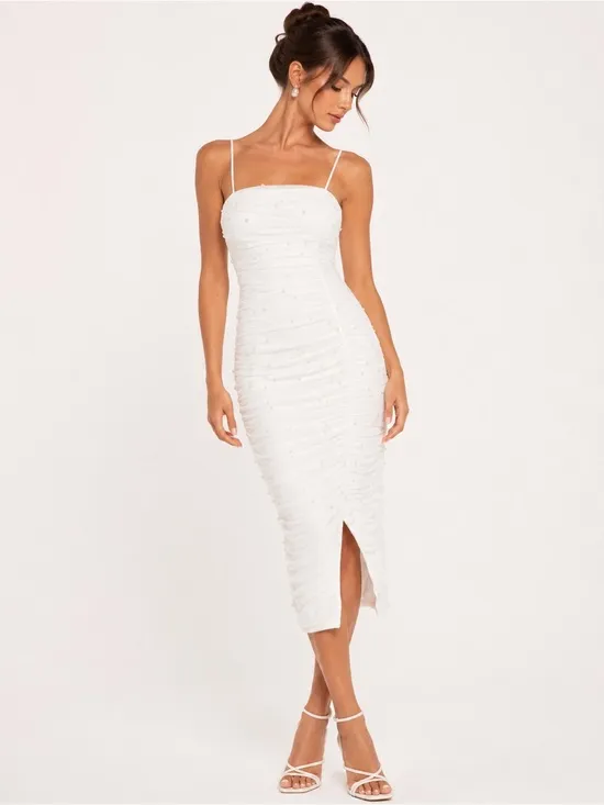 NEW Lulus Toast to Romance White Ruched Pearl Bodycon Midi Dress Sz LARGE - Image 4
