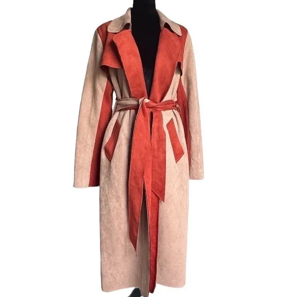 NWT Solitaire Faux Suede Trench Coat Boho Peach Rust Orange Duster Belted Size M - Image 3