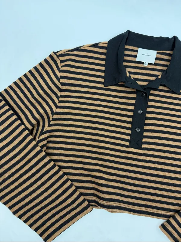 Reformation Anna Rugby Shirt Black And Tan Stripe Extra Large Crop Polo Sporty - Image 9