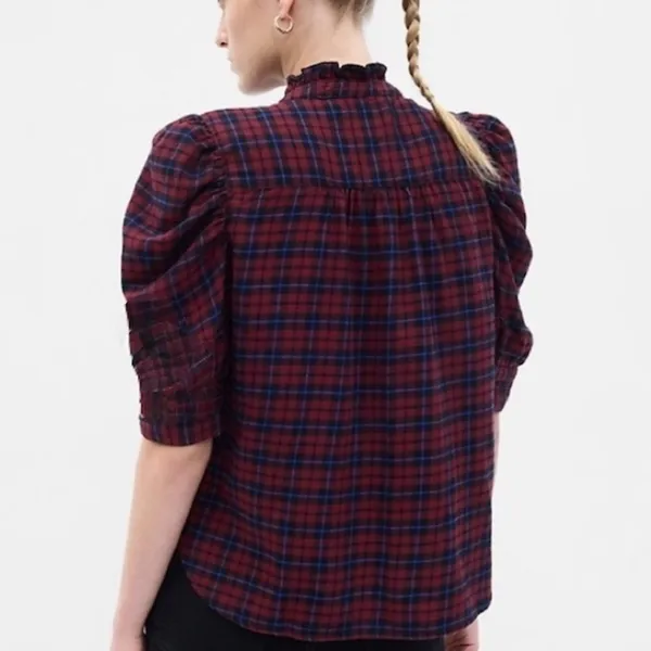 NEW Gap Women's XSMALL Red Plaid Puff Sleeve High Neck Blouse - Image 2
