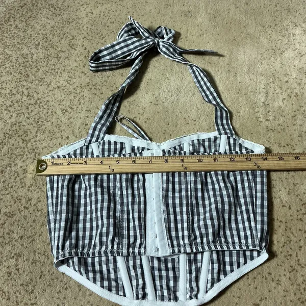 Beverly and‎ Beck Cottagecore Gingham Halter Corset Top Black White Lace Trim XS - Image 4