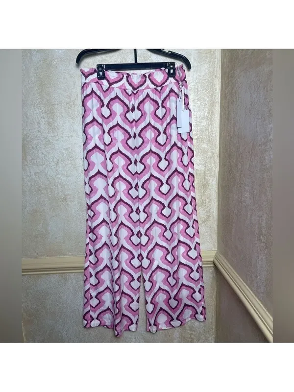 Rose + Olive Pink Geometric Wide Leg Flowy Palazzo Silky Pants L Coastal Resort - Image 3