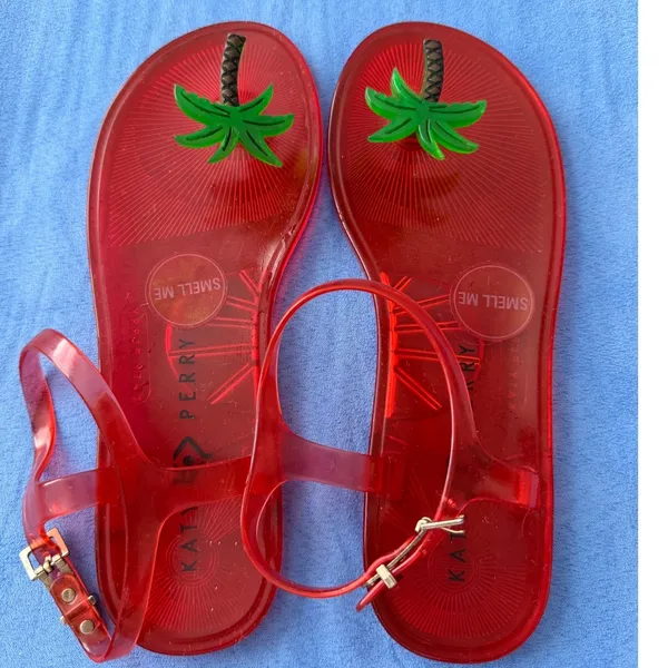 Katy Perry Sandals Size 7 Red Palm Tree Ankle Strap Jelly Summer Shoes NEW - Image 3