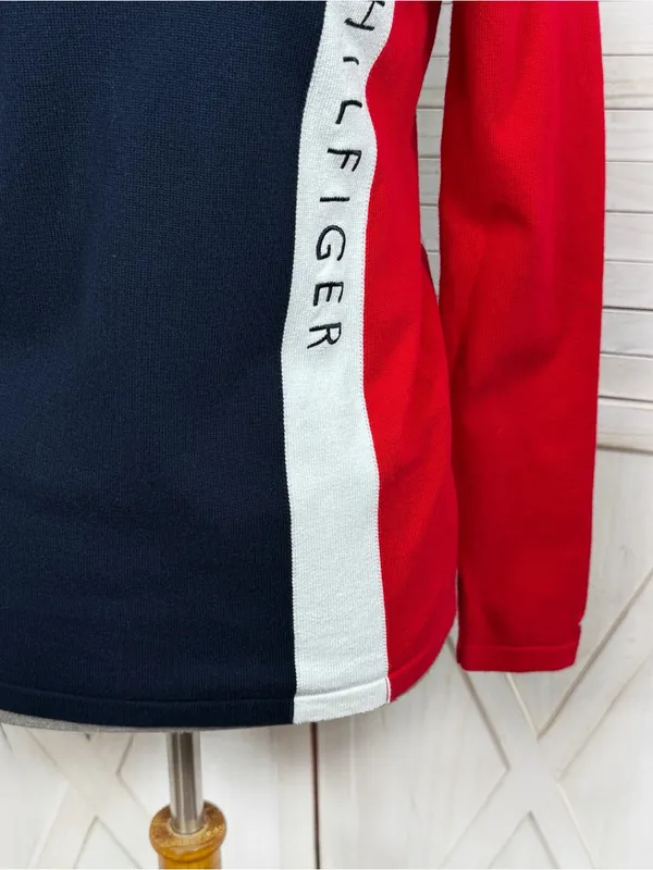Tommy Hilfiger Quarter Zip Mock Neck Colorblock Logo Sweater Size Small Preppy - Image 6