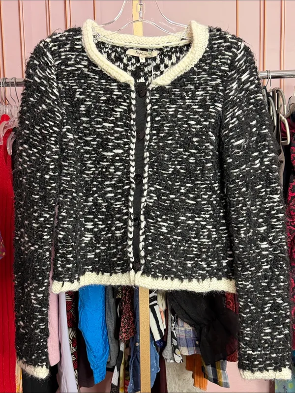 Napa Girls Black White Marled Knit Cardigan Cream Trim Button Front Sweater S - Image 2