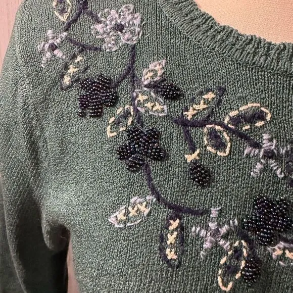 Vintage Beaded Floral Knit Sweater Green Embroidered‎ Pullover small - Image 6