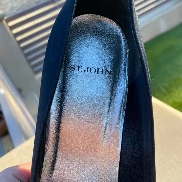 St. John Black Satin Peep Open Toe Bow Heels Pumps Shoes size 8 - Image 12