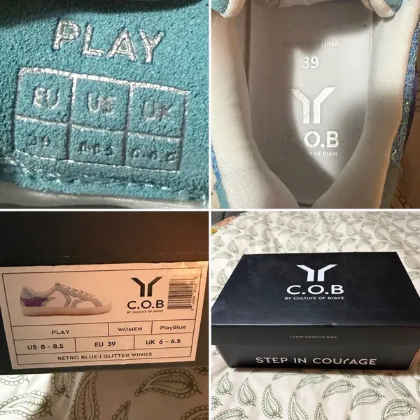 COB CULTURE OF BRAVE White Leather Neon Glare Blue Glitter Wing Sneaker 8-8.5 - Image 9