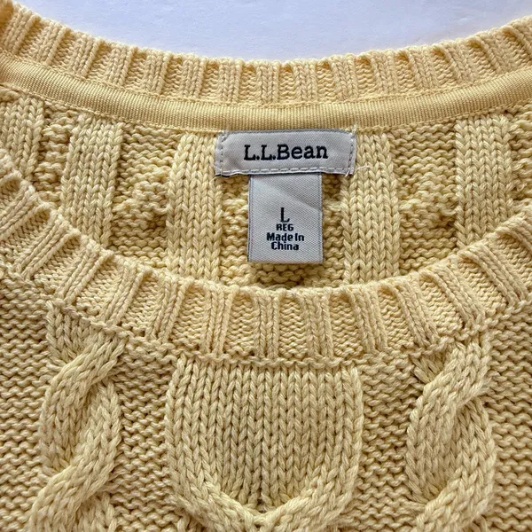 LL Bean Yellow Double L Mixed Cable Cotton Crew Neck Pullover Sweater Size LARGE - Image 8
