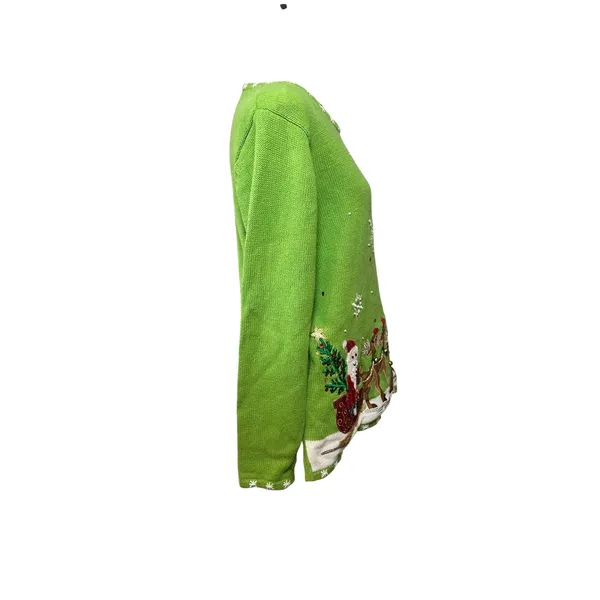 Quacker Factory Green Light Up Santa Reindeer Ugly Christmas Sweater Womens M - Image 2