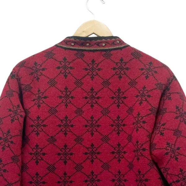 Icelandic Design Wool Cardigan Sweater M Red Nordic Embroidered Floral Full Zip - Image 8