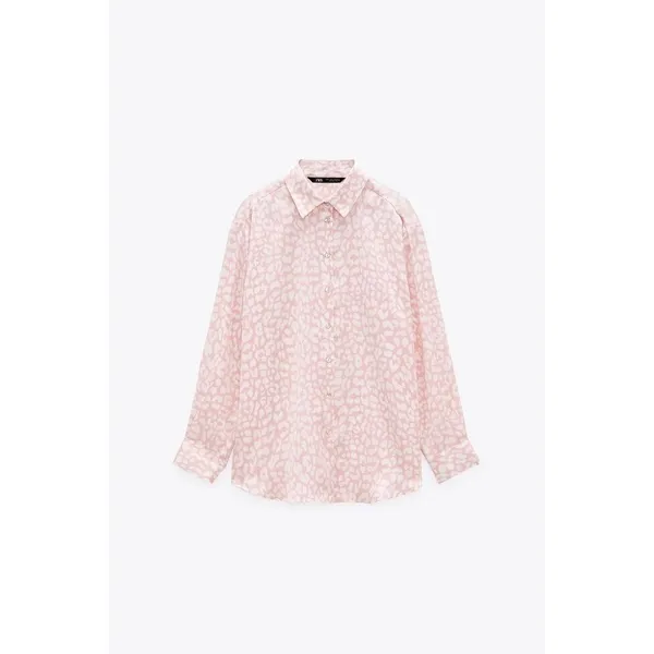 Zara Button Up Shirt Women‎ Small Pink Animal Print Satin Relaxed Blouse - Image 4