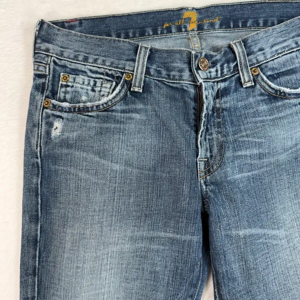 7 For All Mankind 27 Jeans Flare Low Rise Boho Retro Distressed Medium Blue Wash - Image 6
