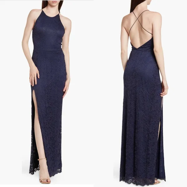 Love By‎ Design Vesta Stretch Lace Maxi Dress Long Cross Back Blue Size L READ - Image 2