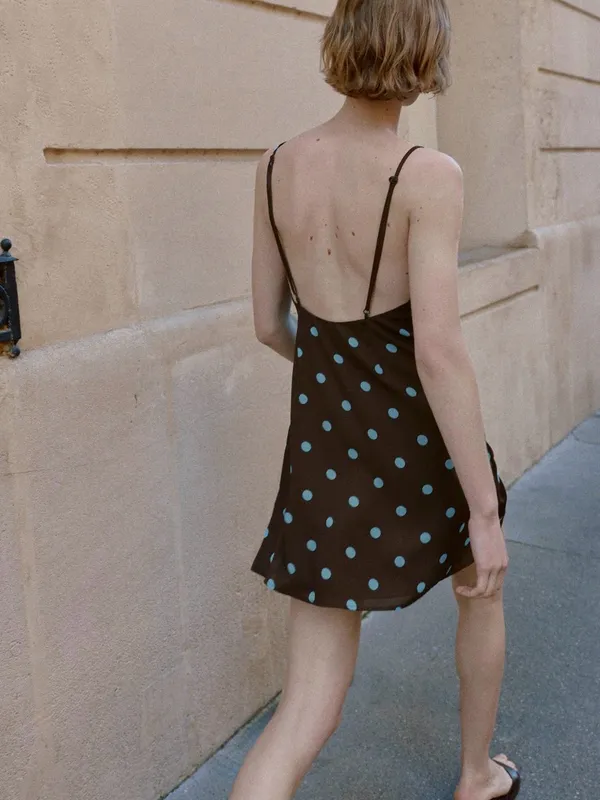 Zara Brown Mini Dress with Blue Polka Dots - Image 4