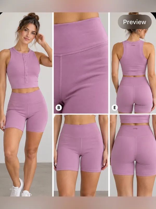 Abercrombie & Fitch YPB Lavender Pink Henley Crop Tank & Biker Shorts Set Small - Image 2