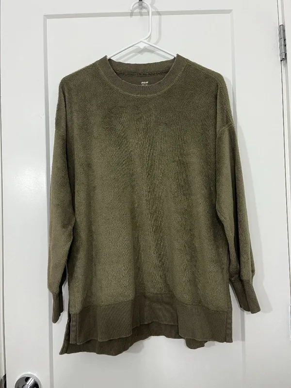 Aerie Extra Small Olive Green Velvety Plush High Crewneck Tunic Sweater - Image 4