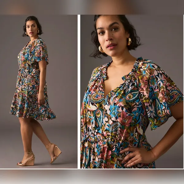Anthropologie Robin Tiered Mini Dress Women 1X Floral Paisley Multicolor Flutter - Image 2