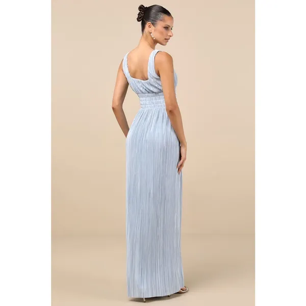 NWT Lulus Ameena Light Blue Plisse Square Neck Sash Maxi Dress Gala Banquet Sz L - Image 3