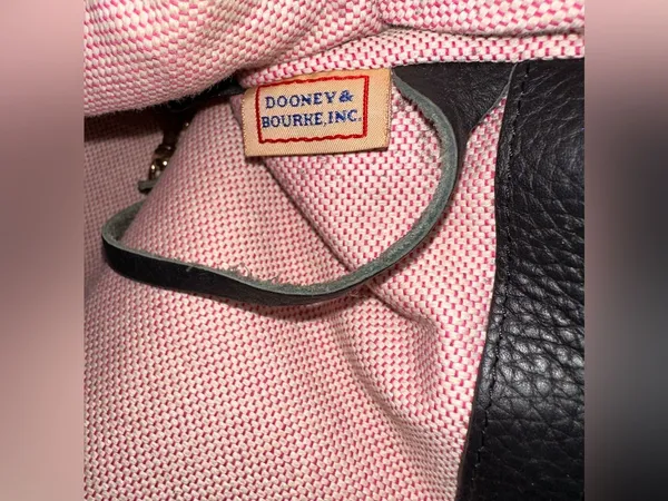 Dooney & Bourke Black Pebbled Leather Drawstring Satchel Bag Pink Gingham Lined - Image 8