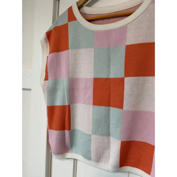 Womens Checkerboard Knit Sweater Vest Cropped Boxy Crew Neck Top Disco Festival - Image 7