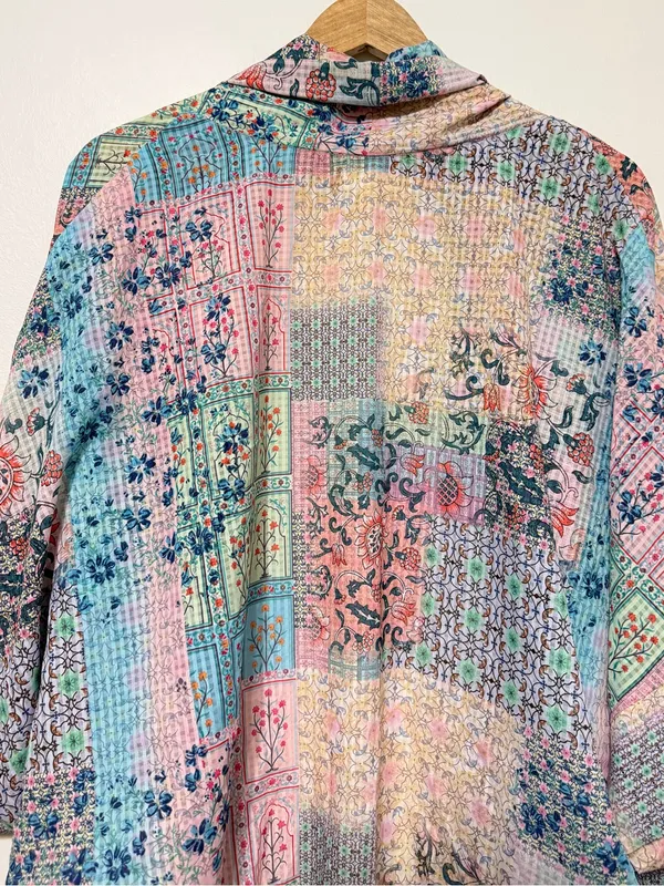 World Market Floral Boho Patchwork Open Front Kimono Cardigan one size pink blue - Image 8