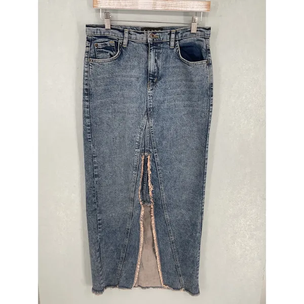 Third Womens Denim Maxi Skirt Distressed Front Slit Blue XL - Image 2