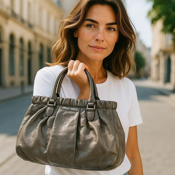 Miu Miu Grey Glaze Leather Gathered Tote Shopping Tote with Detachable Straps - Image 4