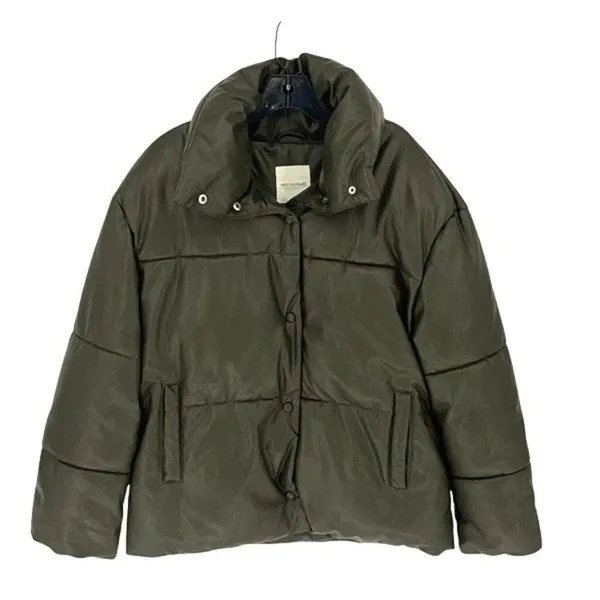 Avec Les Filles Faux-Leather Puffer Jacket Coat Size Small Olive Green Snap Clos - Image 2