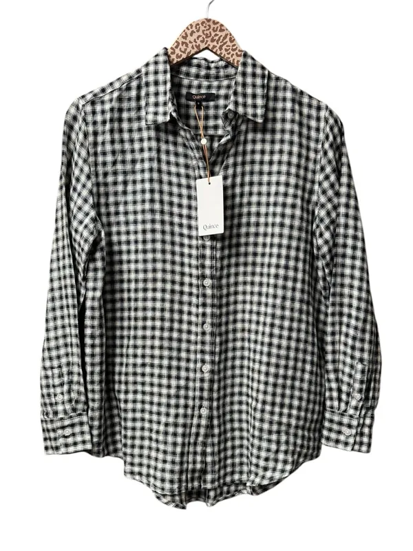 Quince 100% European Linen Long Sleeve Shirt Khaki Black Gingham Small NEW NWT - Image 2
