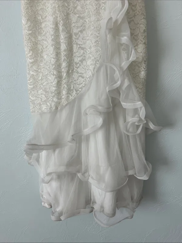 Sequin Cream Lace Slip Maxi Dress with teired Ruffle Tulle Hem - Image 4