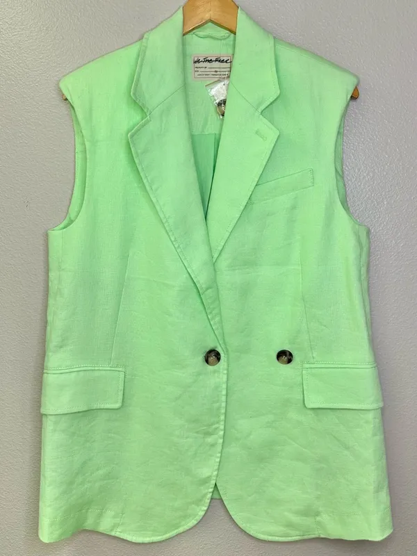NWT Free People Linen Cotton Oversized Vest Shoulder Pad Long Length Lime Neon - Image 3