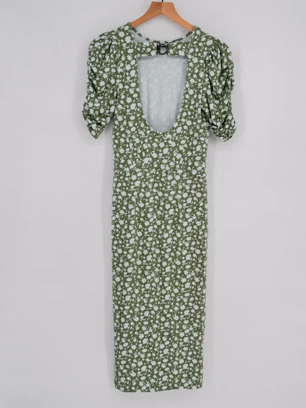 Free People Sage Green & White Floral Cutout Back Midi Dress S - Image 3