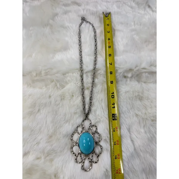 Silver vtg Tone Turquoise Oval Pendant‎ Statement Necklace Women Fashion Jewelry - Image 5