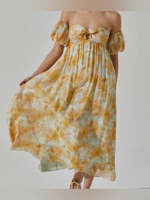 ASTR The Label Floral Off Shoulder Midi Dress Orange Yellow Size M Romantic🌼 - Image 4
