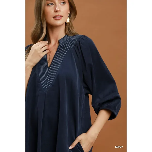 Umgee Corduroy V-Neck Puff Sleeve Shift Dress with Pockets - Navy - Small - Image 5