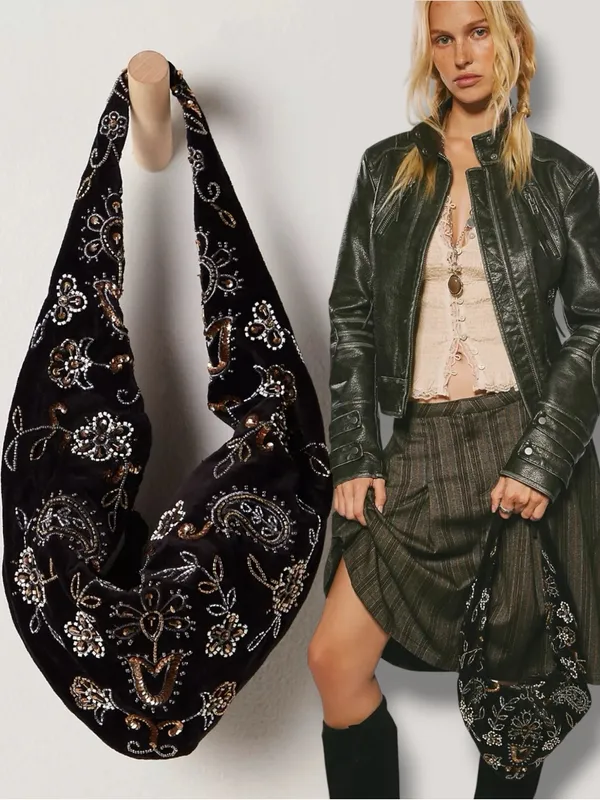 Free People Bohemian Witchy Nashville Nights Beaded Velvet Bag Black NWT Evening - Image 2