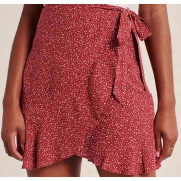 Abercrombie & Fitch Polka Dot Faux Wrap Mini Skirt Size XS Red Dainty Whimsical - Image 11