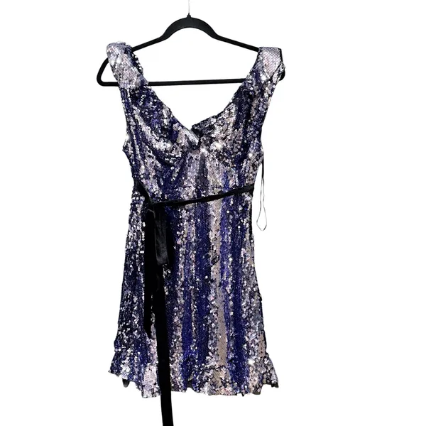 Free People Silver Blue Sequin Mini Dress V-Neck Open Back Ruffle Size 0 NEW - Image 3