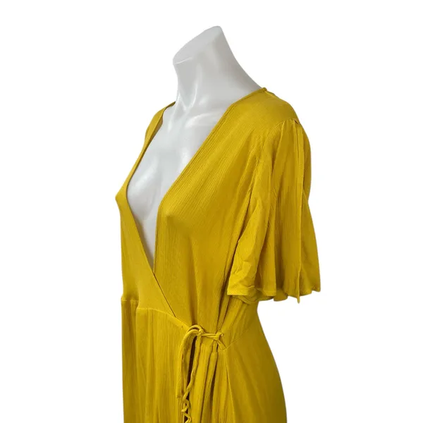 Lulus Much Obliged Women's Yellow Deep V Neck Short Sleeve Maxi Wrap Dress Sz L - Image 2